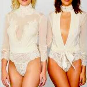 NWT $178 FREE PEOPLE HAH we are HAH Take HAH Bow bodysuit lace mesh XL